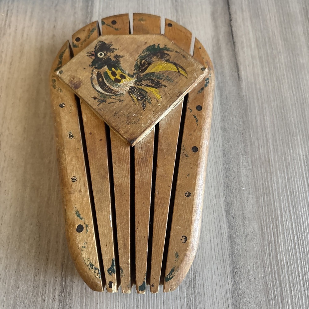 Vtg Woodpecker Wood Ware Rooster Knife Holder 9" Hand Painted Japan Wooden Rack